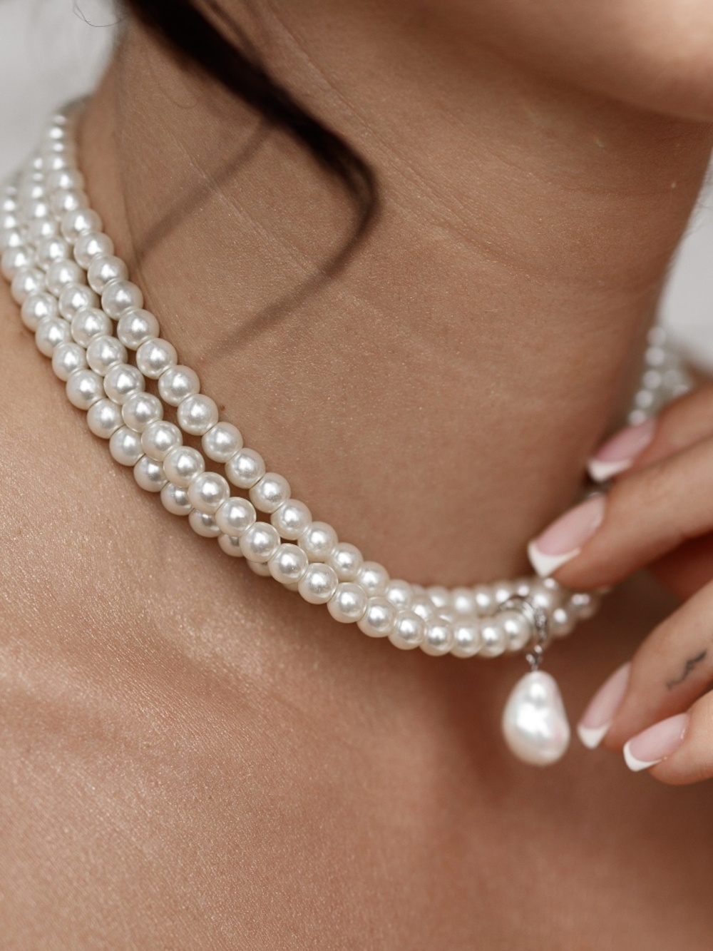 Handmade Multi-Strand Pearl Necklace with Teardrop Pearl Pendant
